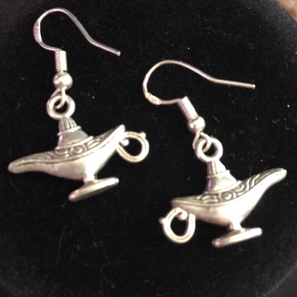 Silver Tone Genie Lamp French Wire Pierced Earrings Aladdin Magic Lantern